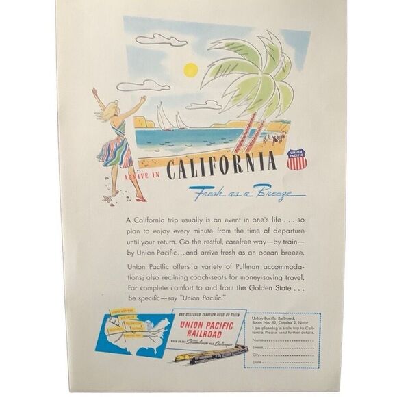 Vintage 1947 Union Pacific California Fresh as a Breeze Ad Advertisment - Picture 1 of 4